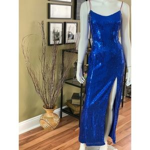 Long Cobalt Blue Sequin Dress Dramatic Slit